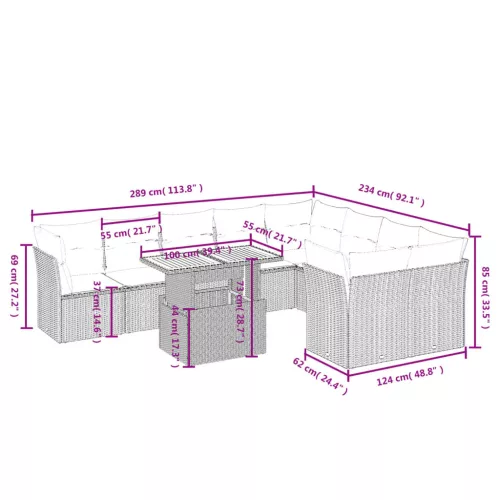  10 részes szürke polyrattan kerti ülőgarnitúra párnákkal