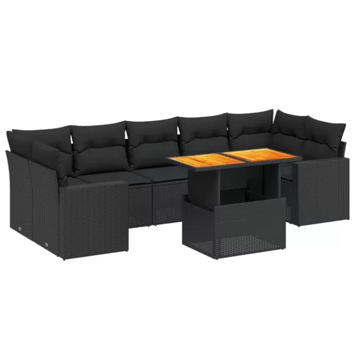  8 részes fekete polyrattan kerti ülőgarnitúra párnákkal