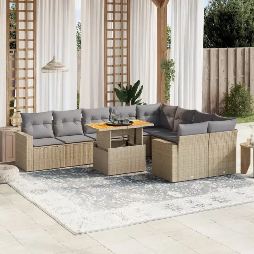  10 részes bézs polyrattan kerti ülőgarnitúra párnával
