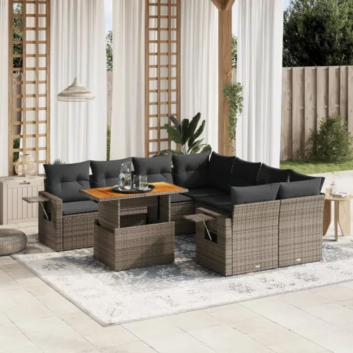  9 részes szürke polyrattan kerti ülőgarnitúra párnákkal
