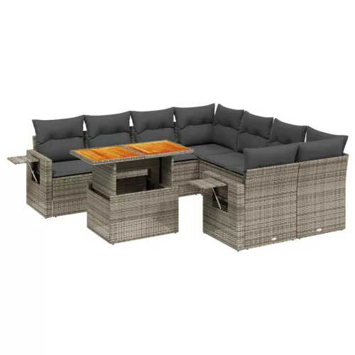  9 részes szürke polyrattan kerti ülőgarnitúra párnákkal