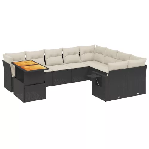  10 részes fekete polyrattan kerti ülőgarnitúra párnákkal