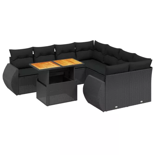  9 részes fekete polyrattan kerti ülőgarnitúra párnákkal