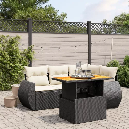  5 részes fekete polyrattan kerti kanapészett párnákkal