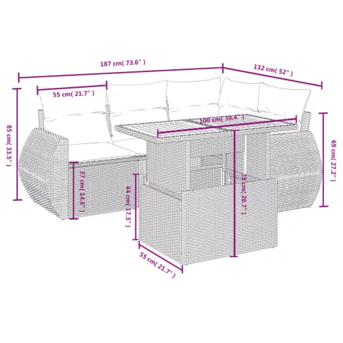  5 részes fekete polyrattan kerti kanapészett párnákkal
