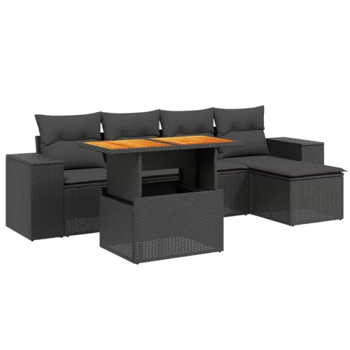  6 részes fekete polyrattan kerti ülőgarnitúra párnákkal