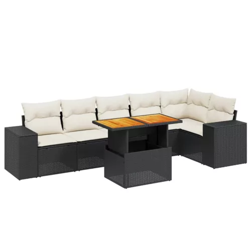  7 részes fekete polyrattan kerti ülőgarnitúra párnával