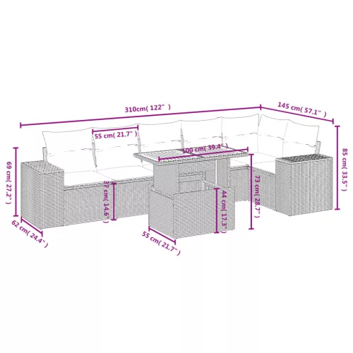  7 részes fekete polyrattan kerti ülőgarnitúra párnával