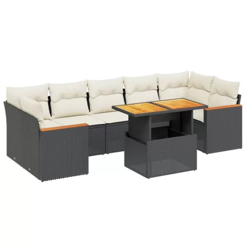  8 részes fekete polyrattan kerti ülőgarnitúra párnákkal