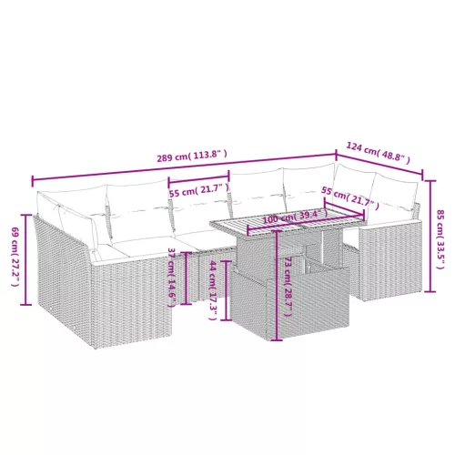  8 részes fekete polyrattan kerti ülőgarnitúra párnákkal