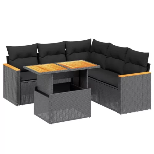  6 részes fekete polyrattan kerti ülőgarnitúra párnákkal