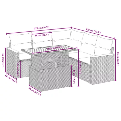  6 részes fekete polyrattan kerti ülőgarnitúra párnákkal