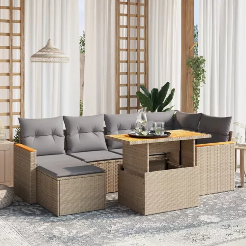  7 részes bézs polyrattan kerti ülőgarnitúra párnákkal