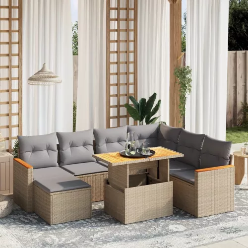 8 részes bézs polyrattan kerti ülőgarnitúra párnával