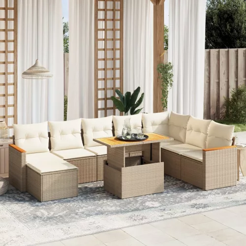  9 részes bézs polyrattan kerti ülőgarnitúra párnákkal