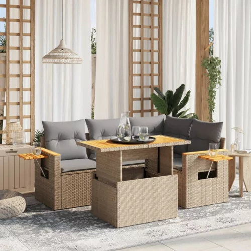  5 részes bézs polyrattan kerti ülőgarnitúra párnákkal