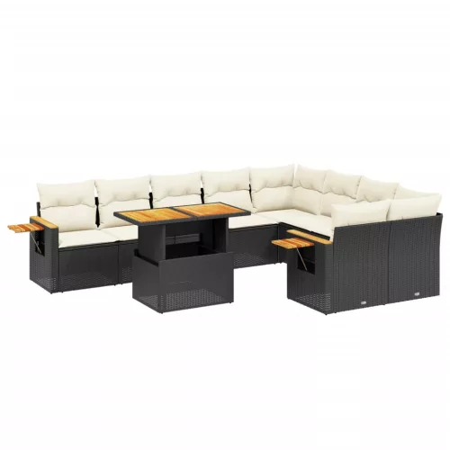  10 részes fekete polyrattan kerti ülőgarnitúra párnákkal