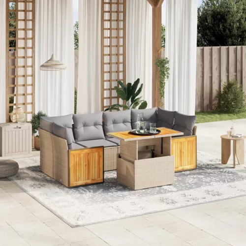  7 részes bézs polyrattan kerti ülőgarnitúra párnákkal