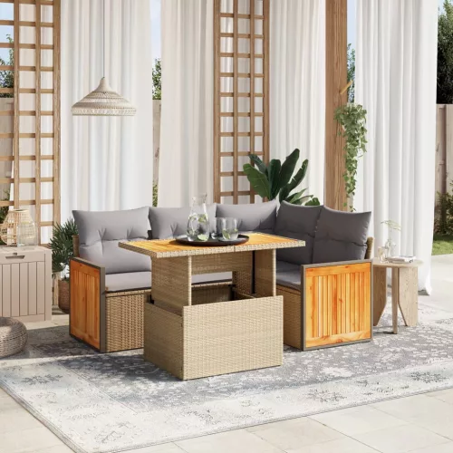  5 részes bézs polyrattan kerti ülőgarnitúra párnákkal