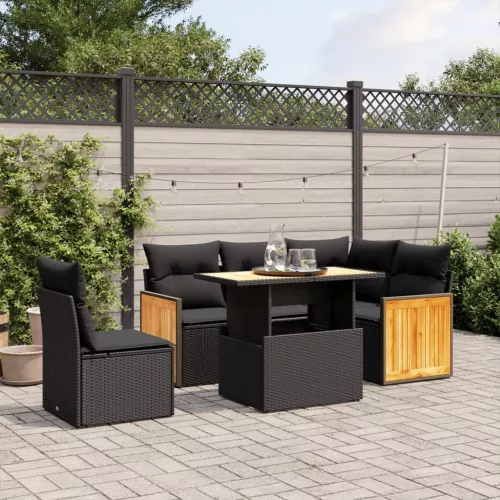  6 részes fekete polyrattan kerti ülőgarnitúra párnákkal