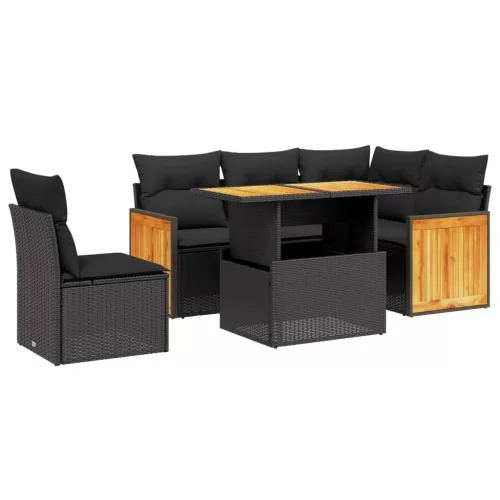  6 részes fekete polyrattan kerti ülőgarnitúra párnákkal