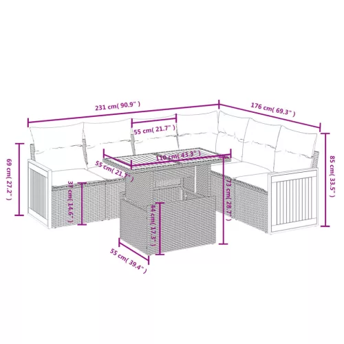  7 részes szürke polyrattan kerti ülőgarnitúra párnákkal