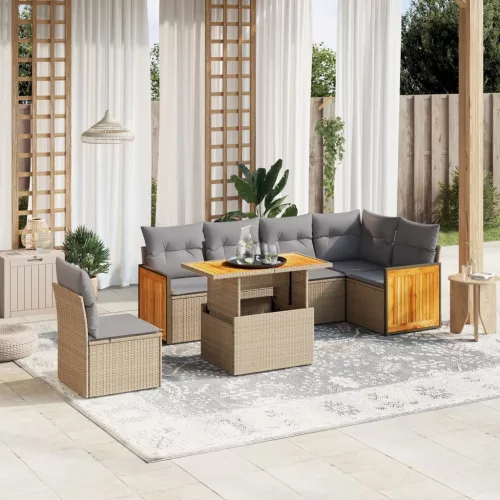  7 részes bézs polyrattan kerti ülőgarnitúra párnákkal