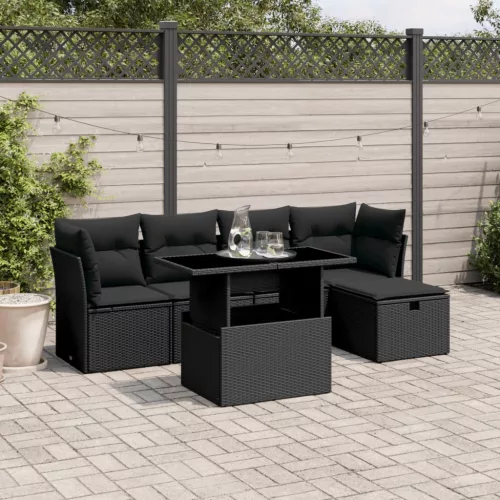  6 részes fekete polyrattan kerti ülőgarnitúra párnákkal