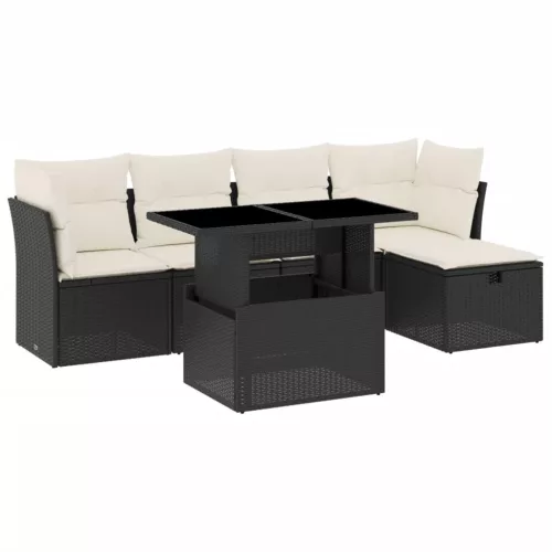  6 részes fekete polyrattan kerti ülőgarnitúra párnákkal