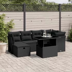    7 részes fekete polyrattan kerti ülőgarnitúra párnával