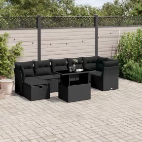    8 részes fekete polyrattan kerti ülőgarnitúra párnákkal