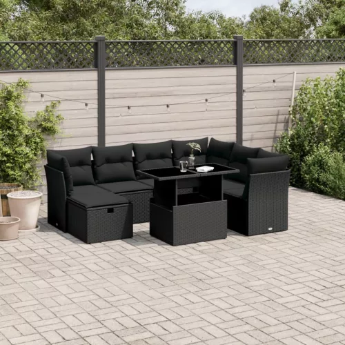  8 részes fekete polyrattan kerti ülőgarnitúra párnákkal