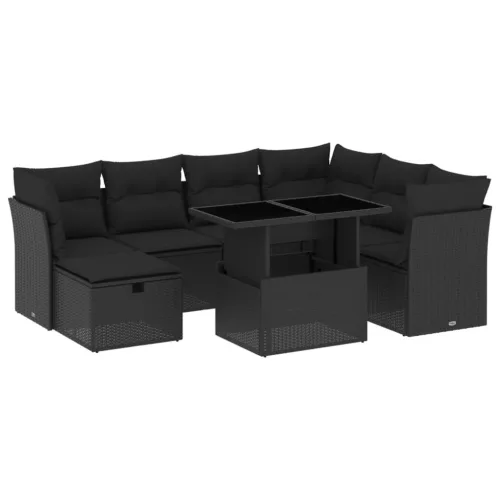  8 részes fekete polyrattan kerti ülőgarnitúra párnákkal