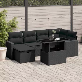    7 részes fekete polyrattan kerti ülőgarnitúra párnával