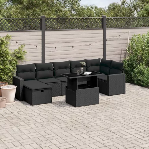  8 részes fekete polyrattan kerti ülőgarnitúra párnákkal