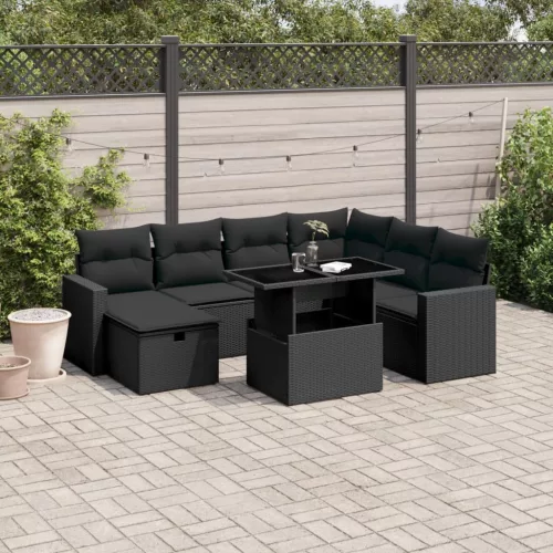  8 részes fekete polyrattan kerti ülőgarnitúra párnákkal