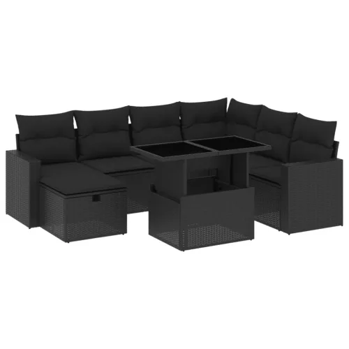  8 részes fekete polyrattan kerti ülőgarnitúra párnákkal