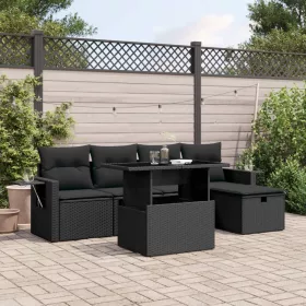    6 részes fekete polyrattan kerti ülőgarnitúra párnákkal