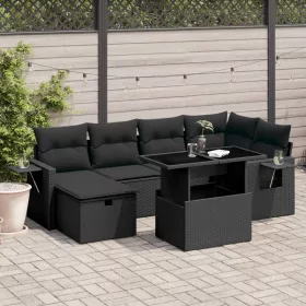    7 részes fekete polyrattan kerti ülőgarnitúra párnával