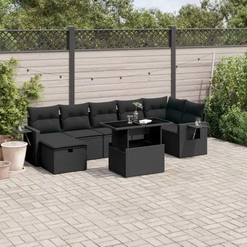  8 részes fekete polyrattan kerti ülőgarnitúra párnákkal