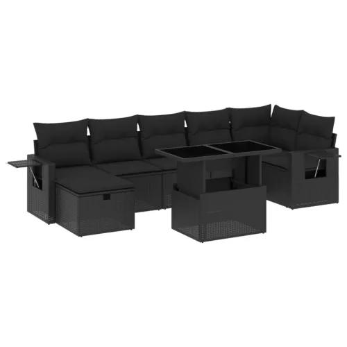  8 részes fekete polyrattan kerti ülőgarnitúra párnákkal