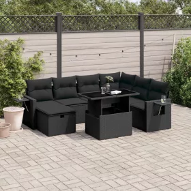    8 részes fekete polyrattan kerti ülőgarnitúra párnákkal