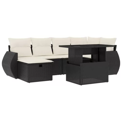 7 részes fekete polyrattan kerti ülőgarnitúra párnával
