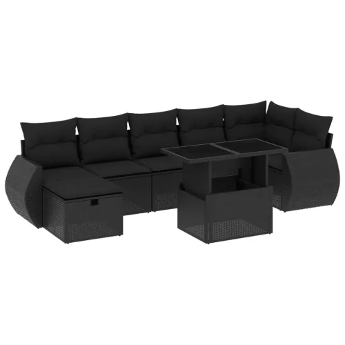  8 részes fekete polyrattan kerti ülőgarnitúra párnákkal