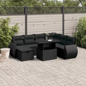    8 részes fekete polyrattan kerti ülőgarnitúra párnákkal