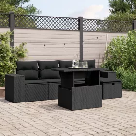    6 részes fekete polyrattan kerti ülőgarnitúra párnákkal