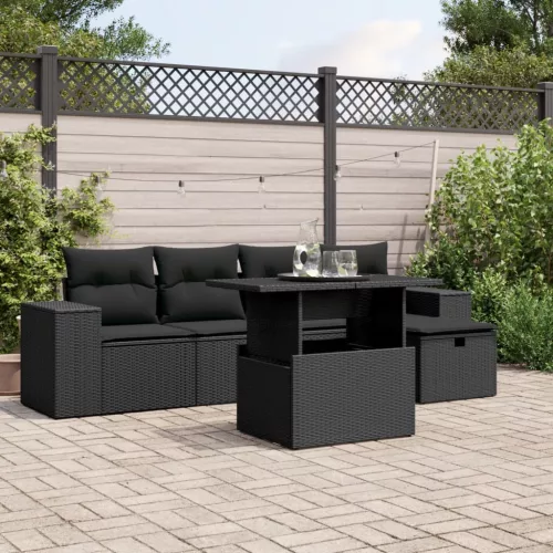  6 részes fekete polyrattan kerti ülőgarnitúra párnákkal