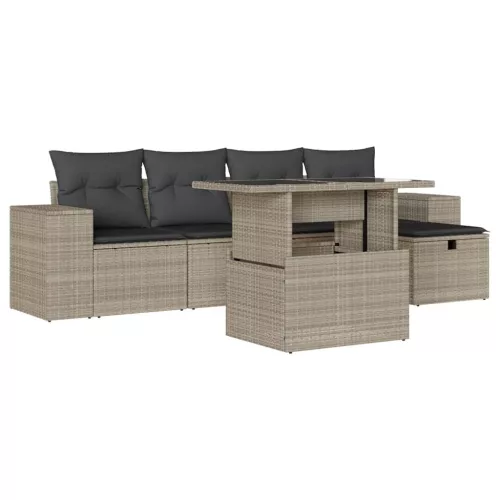  6 részes világosszürke polyrattan kerti ülőgarnitúra párnákkal