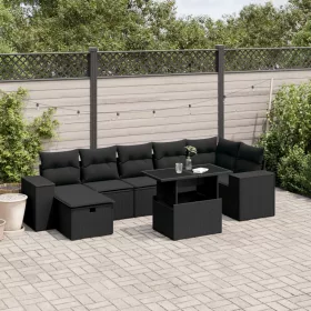    8 részes fekete polyrattan kerti ülőgarnitúra párnákkal