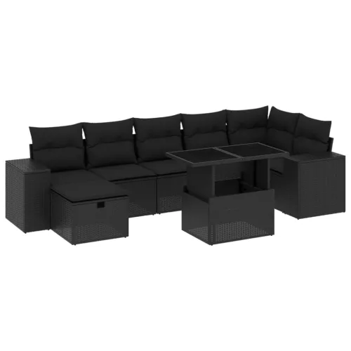  8 részes fekete polyrattan kerti ülőgarnitúra párnákkal